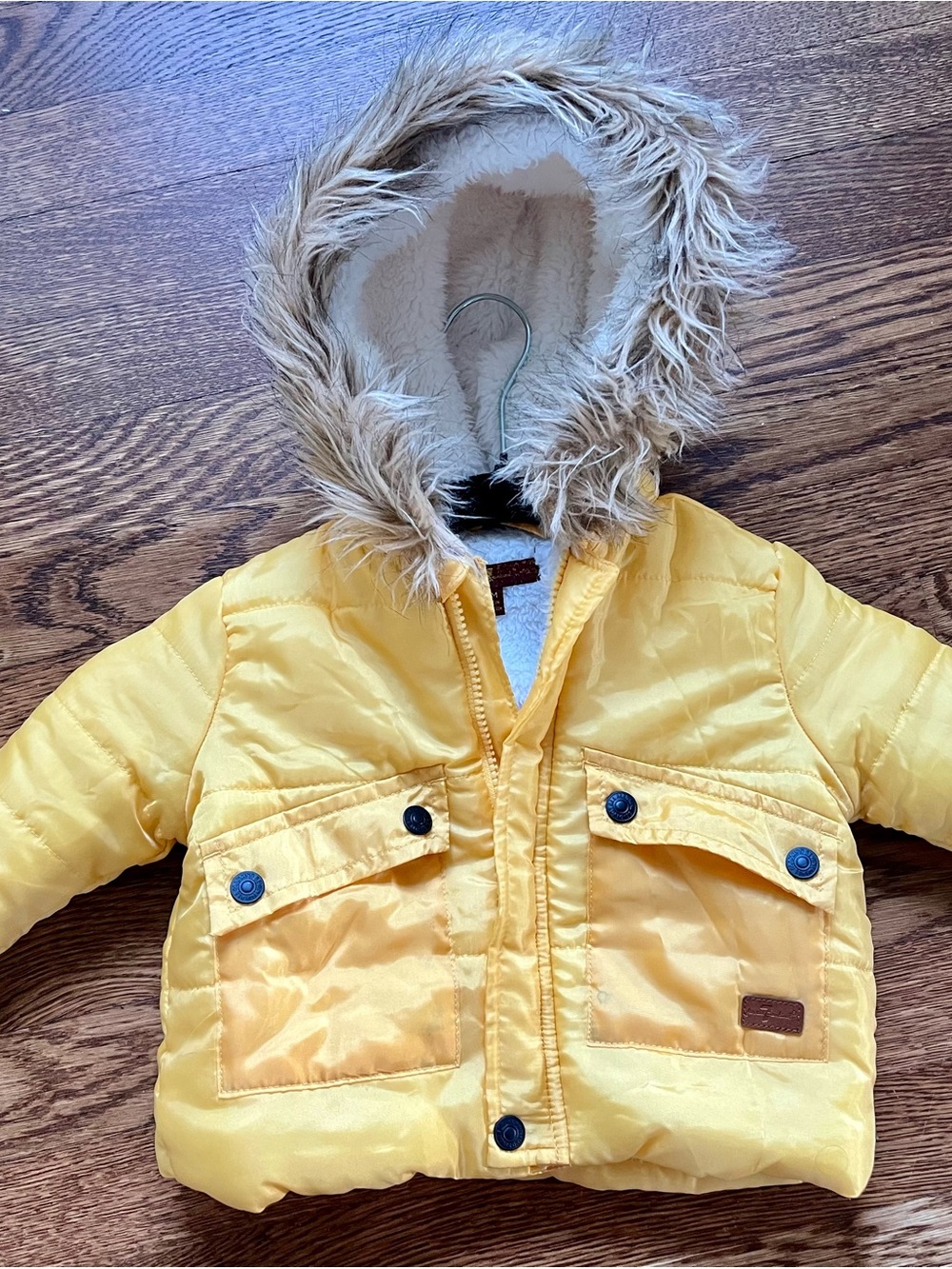 7 For All Mankind Yellow Puffer Jacket with Faux Fur-Trim Hood